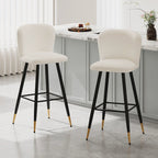 Tabouret de bar moderne de 76 cm, assise blanche avec pieds en métal noir et embouts dorés, chaise de bar contemporaine, blanc