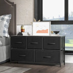 Commode horizontale à 5 tiroirs avec poignée métallique, cadre métallique et plateau en bois pour chambre à coucher