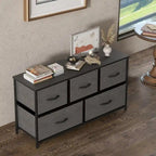 Commode horizontale à 5 tiroirs avec poignée métallique, cadre métallique et plateau en bois pour chambre à coucher