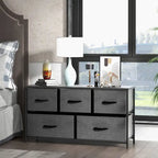 Commode horizontale à 5 tiroirs avec poignée métallique, cadre métallique et plateau en bois pour chambre à coucher